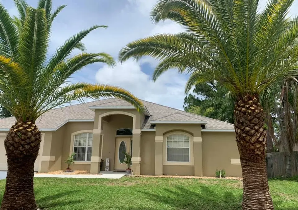 Two neatly pruned palm trees framing the entrance of a Florida home